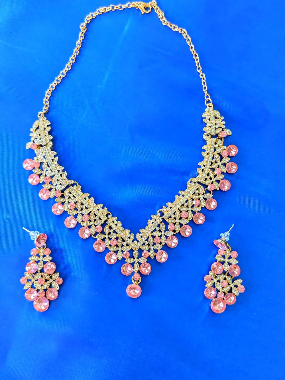 Gold Plated Pink Crystal Statement Necklace & Earring Set